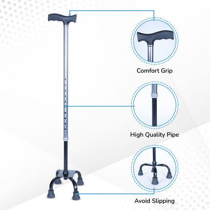 Everactiv 10 Level Height Adjustable Quadripod Walking Stick with Strengthened Chassis and Anti-Skid Feet | Perfect Support for Various Surface