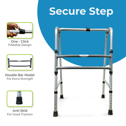Everactiv Mild Steel Height Adjustable Double Bar Folding Walker for Adults & Seniors | Grey Finish | Non-Slip Handles | Adjustable Legs | Heavy-Duty Frame