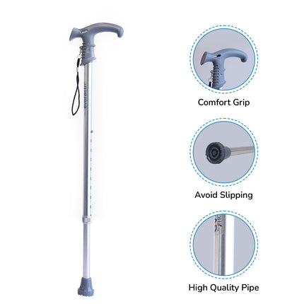 Everactiv Aluminium Height Adjustable Walking Stick for Men & Women | Comfort Grip | Lightweight | Strengthening & Stabilizing Chassis