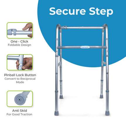 Everactiv Lightweight Aluminium/Glossy Finish Walker for adults, Height Adjustable Walking Support for Old People, Sturdy Frame Walker for Old People | Made in India
