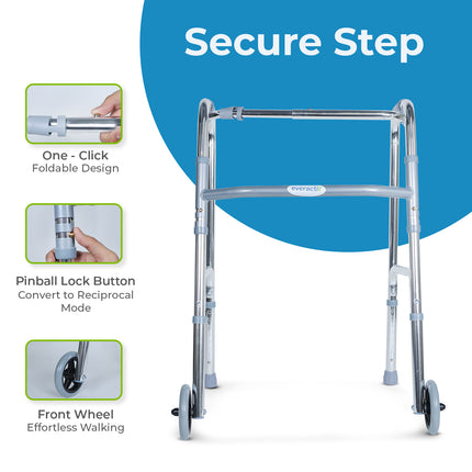 Everactiv Standard Walker with wheels | Aluminuium Finish | Foldable, adjustable height, lightweight and sturdy frame, offering full support for elderly with Weight Bearing Capacity of 120 kg