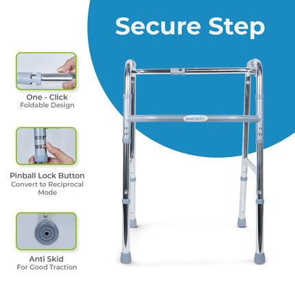 Everactiv Lightweight Aluminium/Glossy Finish Walker for adults, Height Adjustable Walking Support for Old People, Sturdy Frame Walker for Old People | Made in India