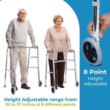 Everactiv Standard Walker with wheels | Aluminuium Finish | Foldable, adjustable height, lightweight and sturdy frame, offering full support for elderly with Weight Bearing Capacity of 120 kg