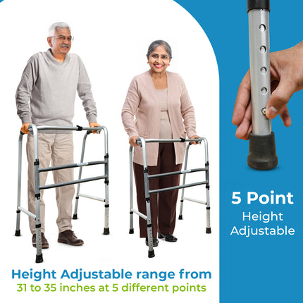 Everactiv Mild Steel Height Adjustable Double Bar Folding Walker for Adults & Seniors | Grey Finish | Non-Slip Handles | Adjustable Legs | Heavy-Duty Frame