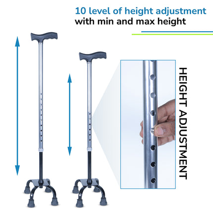 Everactiv 10 Level Height Adjustable Quadripod Walking Stick with Strengthened Chassis and Anti-Skid Feet | Perfect Support for Various Surface