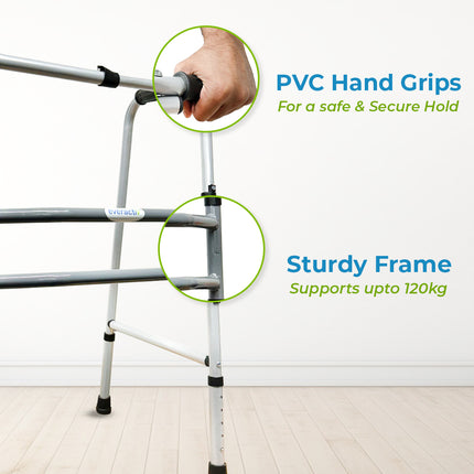 Everactiv Mild Steel Height Adjustable Double Bar Folding Walker for Adults & Seniors | Grey Finish | Non-Slip Handles | Adjustable Legs | Heavy-Duty Frame