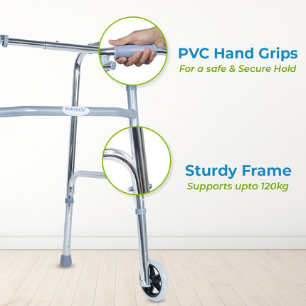 Everactiv Standard Walker with wheels | Aluminuium Finish | Foldable, adjustable height, lightweight and sturdy frame, offering full support for elderly with Weight Bearing Capacity of 120 kg