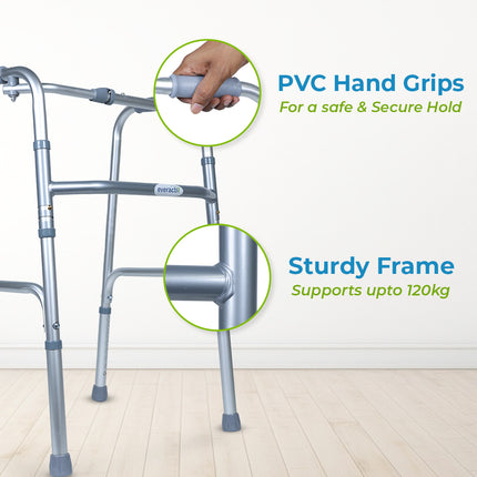 Everactiv Lightweight Aluminium/Glossy Finish Walker for adults, Height Adjustable Walking Support for Old People, Sturdy Frame Walker for Old People | Made in India