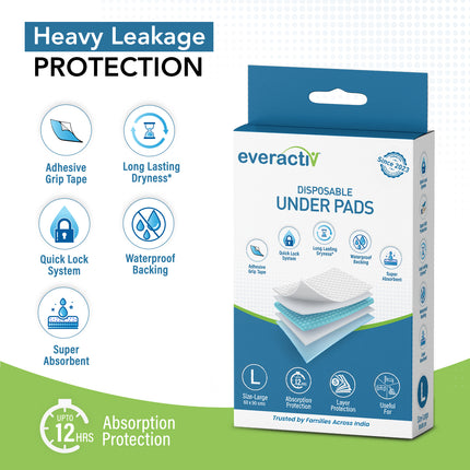 Everactiv Premium Underpads, Large (90X60Cm) | 5-Layer Protection | 12-Hour Absorption | Adhesive Grip Tape, Long-Lasting Dryness for Bladder Issues and Better Sleep