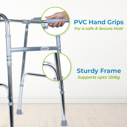Everactiv Lightweight Aluminium/Glossy Finish Walker for adults, Height Adjustable Walking Support for Old People, Sturdy Frame Walker for Old People | Made in India