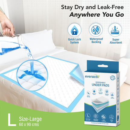 Everactiv Premium Underpads, Large (90X60Cm) | 5-Layer Protection | 12-Hour Absorption | Adhesive Grip Tape, Long-Lasting Dryness for Bladder Issues and Better Sleep
