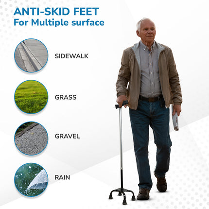 Everactiv 10 Level Height Adjustable Quadripod Walking Stick with Strengthened Chassis and Anti-Skid Feet | Perfect Support for Various Surface