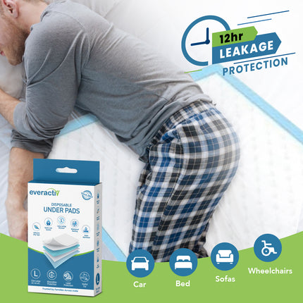 Everactiv Premium Underpads, Large (90X60Cm) | 5-Layer Protection | 12-Hour Absorption | Adhesive Grip Tape, Long-Lasting Dryness for Bladder Issues and Better Sleep