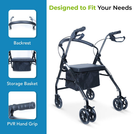 Everactiv Rollator | Aluminuium Walker with Padded Seat, Backrest & Storage Basket | Adjustable Height (31-35 Inches) | PVC Hand Grips, Hand Brake System & 6-Inch Wheels for Seniors