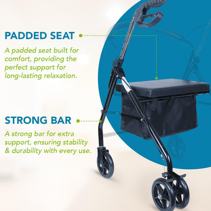 Everactiv Rollator | Aluminuium Walker with Padded Seat, Backrest & Storage Basket | Adjustable Height (31-35 Inches) | PVC Hand Grips, Hand Brake System & 6-Inch Wheels for Seniors