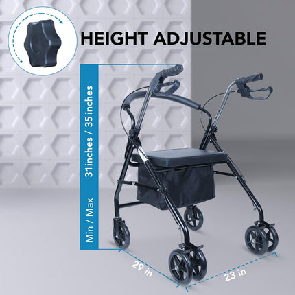 Everactiv Rollator | Aluminuium Walker with Padded Seat, Backrest & Storage Basket | Adjustable Height (31-35 Inches) | PVC Hand Grips, Hand Brake System & 6-Inch Wheels for Seniors