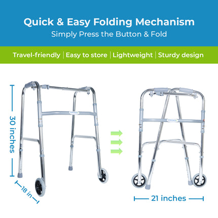 Everactiv Standard Walker with wheels | Aluminuium Finish | Foldable, adjustable height, lightweight and sturdy frame, offering full support for elderly with Weight Bearing Capacity of 120 kg