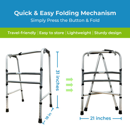 Everactiv Mild Steel Height Adjustable Double Bar Folding Walker for Adults & Seniors | Grey Finish | Non-Slip Handles | Adjustable Legs | Heavy-Duty Frame