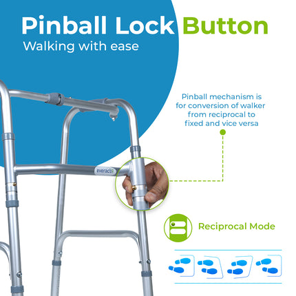 Everactiv Lightweight Aluminium/Glossy Finish Walker for adults, Height Adjustable Walking Support for Old People, Sturdy Frame Walker for Old People | Made in India