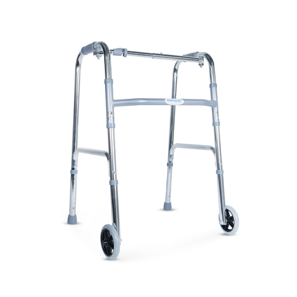 Everactiv Standard Walker with wheels | Aluminuium Finish | Foldable, adjustable height, lightweight and sturdy frame, offering full support for elderly with Weight Bearing Capacity of 120 kg