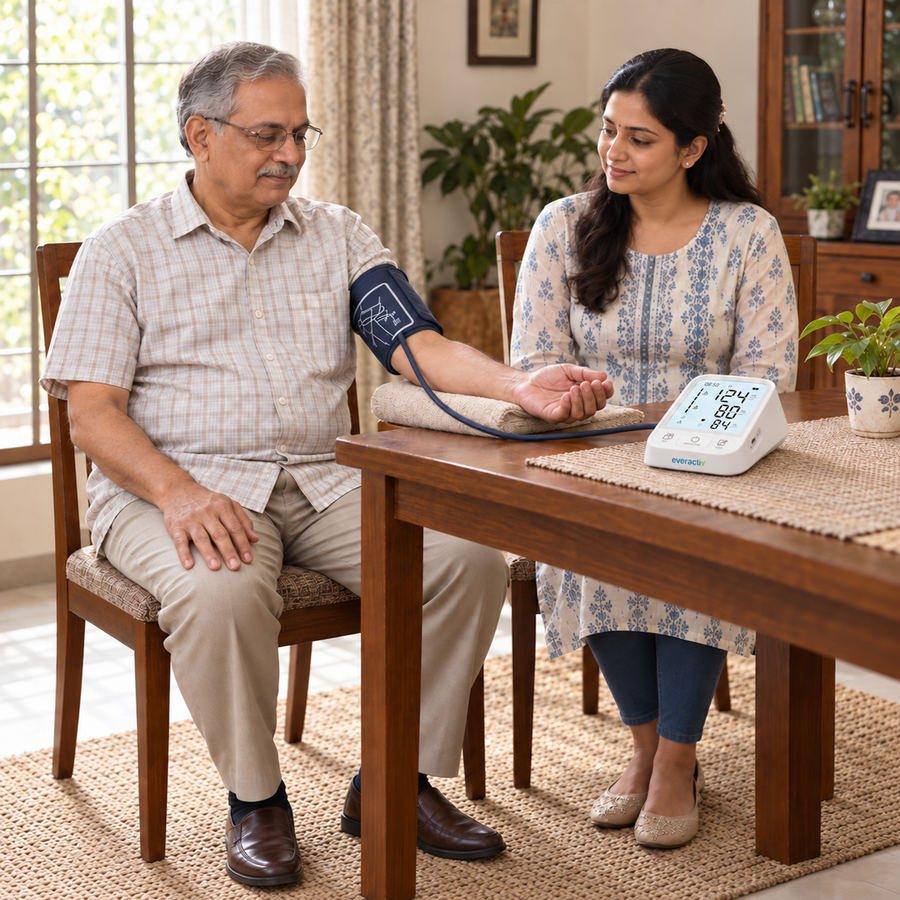 An older Indian man uses the EverActiv BP01 at home with a woman seated quietly beside him. Illustrative care scene.