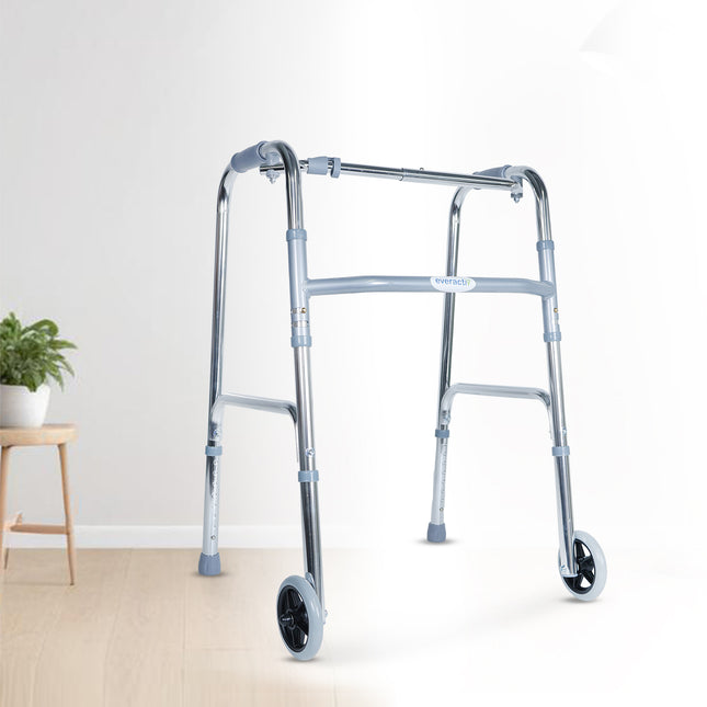 Everactiv Standard Walker with wheels | Aluminuium Finish | Foldable, adjustable height, lightweight and sturdy frame, offering full support for elderly with Weight Bearing Capacity of 120 kg