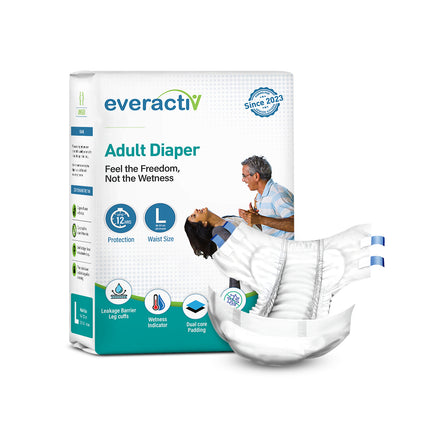 Everactiv Adult Diaper Leakproof, 10 hours Absorption Protection and Wetness Indicator, Unisex with Goodness of Aloe Vera | Tape Style