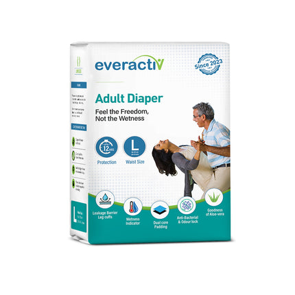 Everactiv Adult Diaper Leakproof, 10 hours Absorption Protection and Wetness Indicator, Unisex with Goodness of Aloe Vera | Tape Style