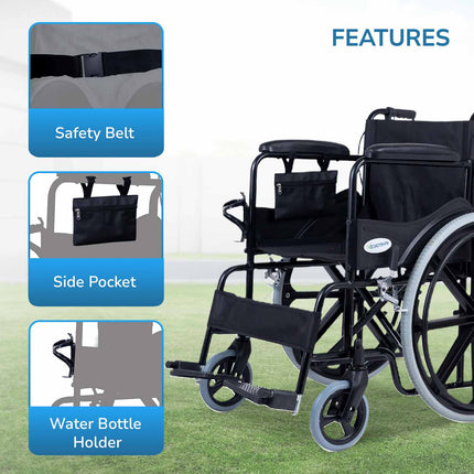 Everactiv Everyday Premium Foldable Wheelchair with 2 Extra Seat Cushions, 6 Wheels & Brakes for extra safety, Side Pouch, Bottle Holder