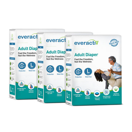 Everactiv Adult Diaper Leakproof, 10 hours Absorption Protection and Wetness Indicator, Unisex with Goodness of Aloe Vera | Tape Style
