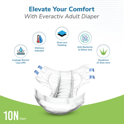 Everactiv Adult Diaper Leakproof, 10 hours Absorption Protection and Wetness Indicator, Unisex with Goodness of Aloe Vera | Tape Style