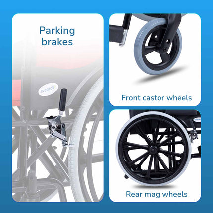 Everactiv Everyday Premium Foldable Wheelchair with 2 Extra Seats, 6 Wheels & Brakes for extra safety, Side Pouch, Bottle Holder