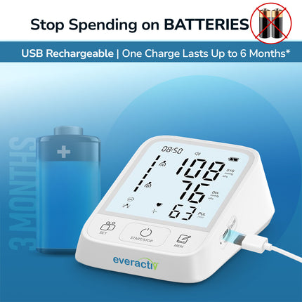 Everactiv Digital Blood Pressure Monitor for Home Use | Upper Arm BP Machine with XL Cuff (22–42 cm) | Type-C USB Rechargeable (Single Charge Lasts Up to 6 Months) | Large Display, IHB Indicator, One-Touch Operation