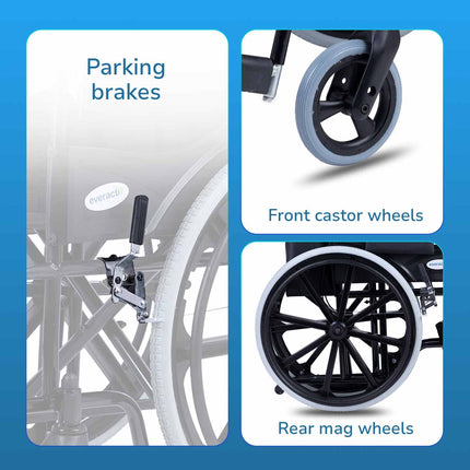 Everactiv Everyday Premium Foldable Wheelchair with 2 Extra Seat Cushions, 6 Wheels & Brakes for extra safety, Side Pouch, Bottle Holder