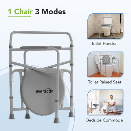 Everactiv Commode Chair For Toilet Adult, Height Adjustable And Foldable Toilet Seat For Old People, Strong Frame Potty Chair For Adults, Portable Toilet Seat For Adult | Made In India, Grey