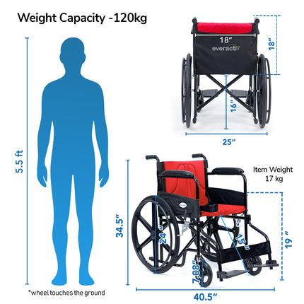 Everactiv Everyday Economy Foldable Wheelchair with Safety Seat belt with Extra Soft Cushions, Weight Bearing Capacity 120 kg, Sturdy Frame and Easy Foldable Mechanism