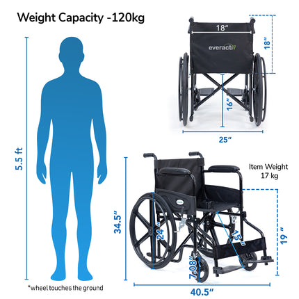 Everactiv Everyday Economy Foldable Wheelchair with Safety Seat belt, Weight Bearing Capacity 120 kg, Sturdy Frame and Easy Foldable Mechanism