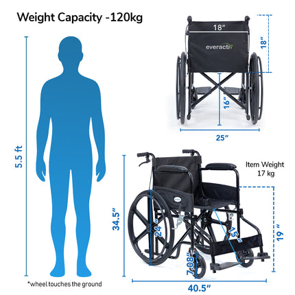 Everactiv Everyday Economy with Attendant Brakes Foldable Wheelchair with Safety Seat belt, Weight Bearing Capacity 120 kg, Sturdy Frame and Easy Foldable Mechanism
