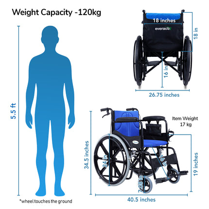 Everactiv Everyday Premium Foldable Wheelchair with 2 Extra Seats, 6 Wheels & Brakes for extra safety, Side Pouch, Bottle Holder