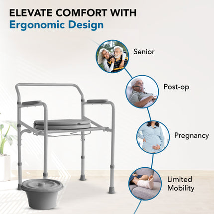 Everactiv Commode Chair For Toilet Adult, Height Adjustable And Foldable Toilet Seat For Old People, Strong Frame Potty Chair For Adults, Portable Toilet Seat For Adult | Made In India, Grey