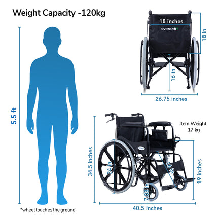 Everactiv Everyday Premium Foldable Wheelchair with 2 Extra Seat Cushions, 6 Wheels & Brakes for extra safety, Side Pouch, Bottle Holder