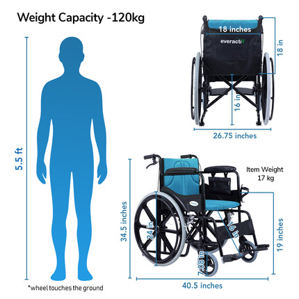 Everactiv Everyday Premium Foldable Wheelchair with 2 Extra Seats, 6 Wheels & Brakes for extra safety, Side Pouch, Bottle Holder