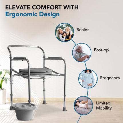 Everactiv Commode Chair For Toilet Adult, Height Adjustable And Foldable Toilet Seat For Old People, Strong Frame Potty Chair For Adults, Portable Toilet Seat For Adult | Made In India, Grey