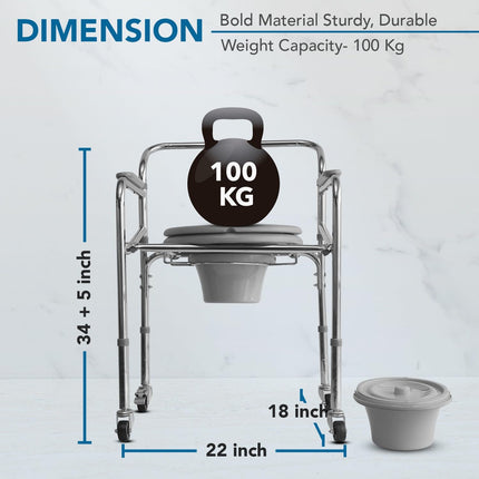 Everactiv by HCAH Commode Chair with Wheel for Toilet Adult, Height Adjustable and Foldable Toilet seat for Old People, Portable Toilet Seat for Adult | Material Type- Chrome Finish | Made in India