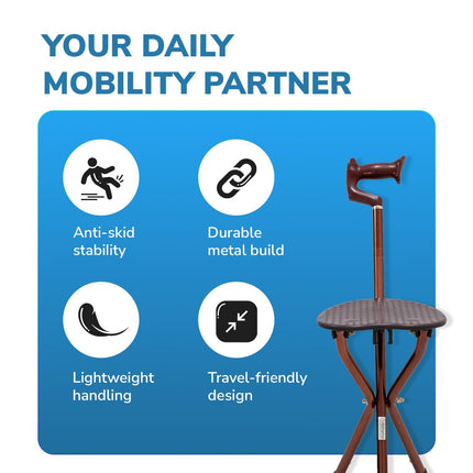 EverActiv Walking Stick with Seat for Elderly | Foldable Portable Walking Cane Chair | Lightweight Aluminium Stool Stick | Anti Slip Support for Outdoor Travel & Daily Use