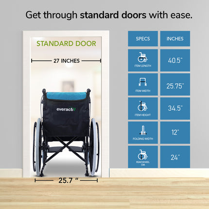 Everactiv Everyday Premium Foldable Wheelchair with 2 Extra Seats, 6 Wheels & Brakes for extra safety, Side Pouch, Bottle Holder
