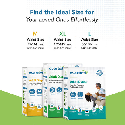 Everactiv Adult Diaper Leakproof, 10 hours Absorption Protection and Wetness Indicator, Unisex with Goodness of Aloe Vera | Tape Style