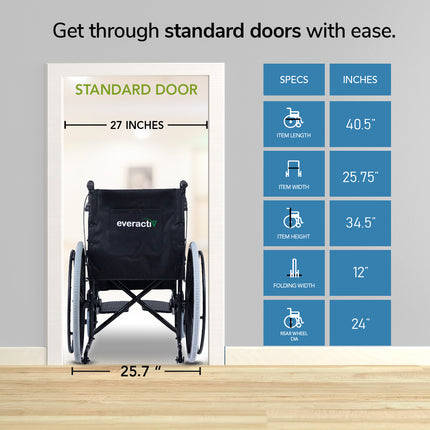 Everactiv Everyday Premium Foldable Wheelchair with 2 Extra Seat Cushions, 6 Wheels & Brakes for extra safety, Side Pouch, Bottle Holder