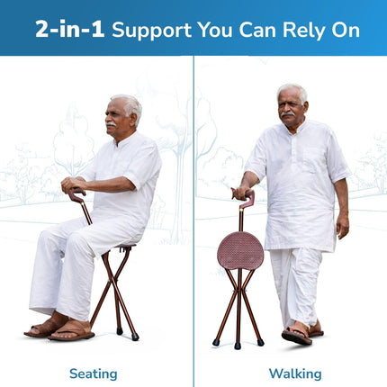 EverActiv Walking Stick with Seat for Elderly | Foldable Portable Walking Cane Chair | Lightweight Aluminium Stool Stick | Anti Slip Support for Outdoor Travel & Daily Use