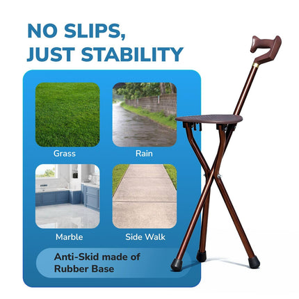 EverActiv Walking Stick with Seat for Elderly | Foldable Portable Walking Cane Chair | Lightweight Aluminium Stool Stick | Anti Slip Support for Outdoor Travel & Daily Use